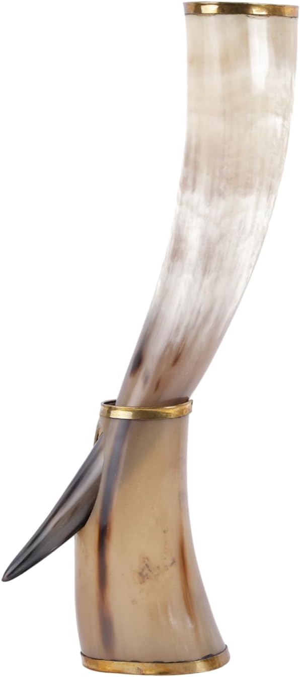 Real Drinking Horn with Stand Handmade for Viking Ale Beer Wine Malt Goblet Tumbler (14 Inches, Metallic Touch)