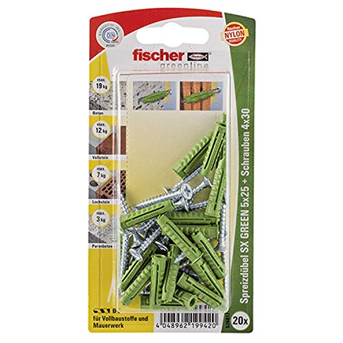 Fischer Spreizdübel SX Green 5x25 S K, 20 x Spanplattenschraube 4 x 30, 524817