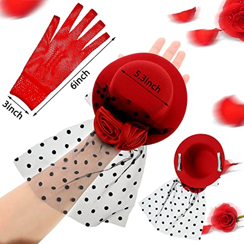 Chunyin Girls Tea Party Hats Mini Hat Hair Clip Fascinator Veil Mesh Hat and Gloves Sets Tea Party Accessories for Girls Kids Children 5.3'' Diam2