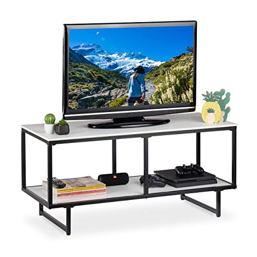 TV Lowboard, 2 Ablagen, Fernsehtisch Wohnzimmer, offen, Metallgestell, HBT 50,5 x 110,5 x 45,5cm, weiß/schwarz