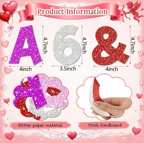 Image of Colarr 216 Pcs Glitter Bulletin Board Letters for Classroom Number Alphabet Punctuation Symbol Cutout 4'' Die-Cut Poster Letter with Adhesive Dot School Party Holiday Decor Display(Valentine Color)