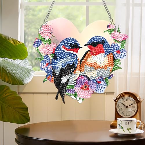 Image of Diamond Art Painting Hanging Kit for Adults, Heart-Shaped Romantic Love Birds DIY Diamond Painting Acrylic Ornament, Diamond Art Pendant Window Suncatcher Wall Door Home Decor