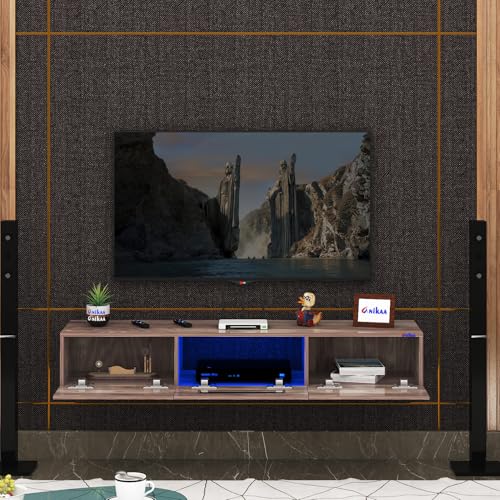 Image of Anikaa Lucen Wall Mount Modern Floating TV Unit for Living Room | 3 Closed Storage cabinets with hinged Door - Blue Color LED Light | Ideal for UP to 65 Inch TV (Walnut Finish - DIY