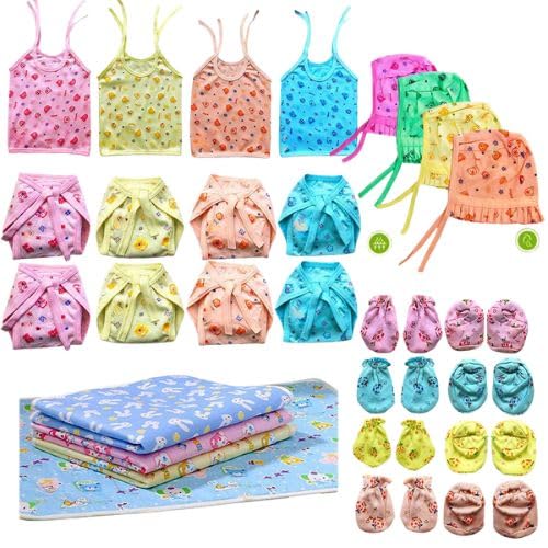KmCho Newborn Baby Care Cloth Set Combo (28 Pcs) – 4 Jhabla, 8 Nappy, 8 Mittens, 4 Caps & 4 Plastic Mats – Soft Hosiery Fabric for Boys & Girls – Comfortable & Skin-Friendly Essentials-image-31