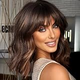 KOME Curly Bob Wig with Bangs Short Wavy Natural Brown Highlight Wigs for Women Bob Style Synthetic Heat Resistant Bob Wigs 14IN……