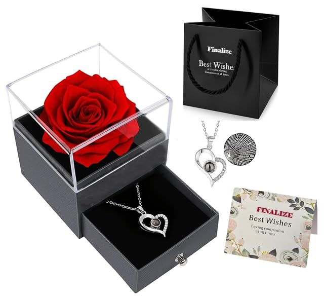 Image of FINALIZE Rose Flower with Heart Necklace, Gift for Wife, Girlfriend, Fiancee On Valentines Day Birthday Wedding Anniversary, Necklace with Rose Flower Box Bag Gift Card (Silver Heart - Red Rose)