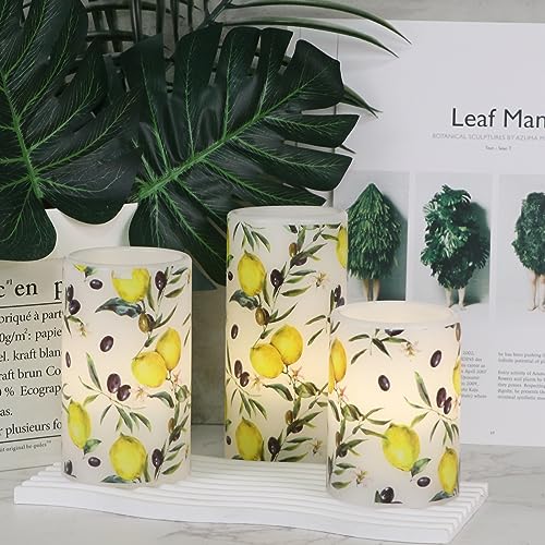Image of Flameless Pillar Wax Candles with 6 Hour Timer Battery Operated 3 Packs Lemon Decals LED Flickering Candles Yellow Light Holiday Wedding Spring Home Decoration Candle(3 x 4, 5, 6 Inches)