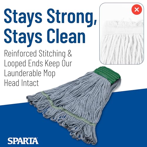 Image of SPARTA 369551B14 Cotton Mop Head, Loop-Ended, 5 Inch Color-Coded Green Headhand for Organized Cleaning, Medium - 36 Inches Long, Blue with Green Band