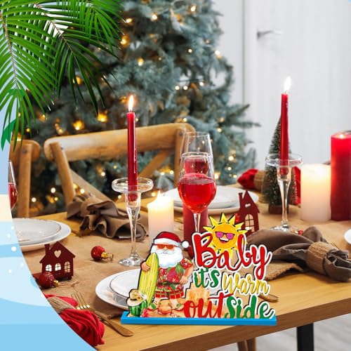 Image of Suzile 6 Pcs Christmas in July Table Decorations, Summer Christmas Table Centerpieces, Tropical Santa Snowman Tiered Tray Decor, Flamingo Surfboard Decor for Home Beach Party Hawaiian Ornaments
