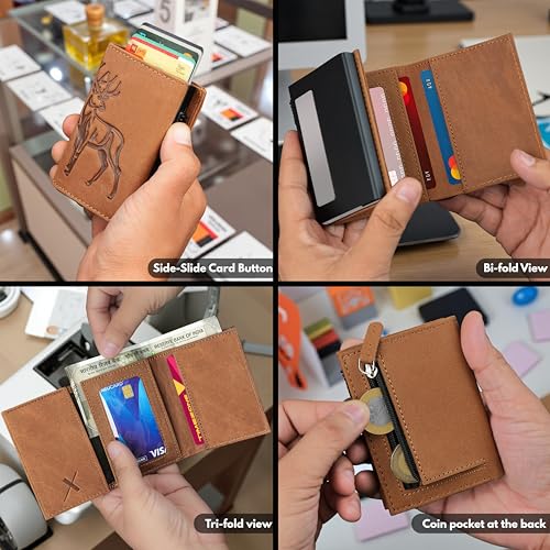 Image of The X Project Staggo Trifold Wallet | Premium Genuine Leather | Aluminium Cardholder | Side Slide Pop-Up Card Ejector | Carry Up to 6 Cards and 1 Slot for Carrying Cash & Folded Bills (Tan)