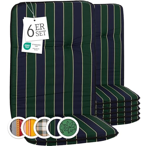 Beo Bali Paspelauflage Hochlehner blau dunkelgrün gestreift 114x47 cm, 6er Set | Waschbare, atmungsaktive Auflagen | UV-beständige Sitz-Auflagen | Made in EU nach Öko-Tex Standard | Pflegeleicht