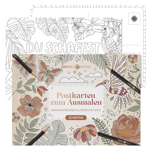 Lebenskompass® Postkarten zum Ausmalen – 22 Handillustrierte Motive mit liebevollen Worten – Kreative Postkarten zum Heraustrennen & Verschicken