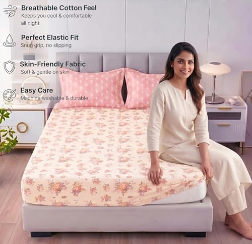 Image of BSB HOME 240 TC Cotton Feel Fitted Bedsheet for Double Bed, All-Round Elastic Deep Pocket, Soft Breathable Wrinkle Resistant & Skin Friendly Bed Sheet, Easy Care, 72 x 72 + 10 Inches - Blossom Pink