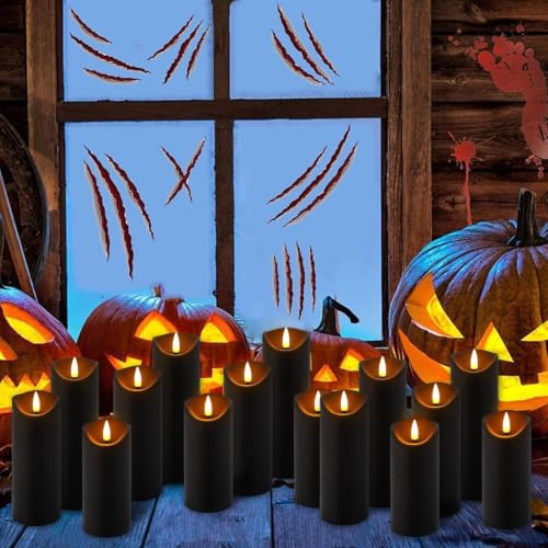 Image of Enpornk 24-Pack Flameless Candles Battery Operated Candles Pillar LED Candles with 10-Key Remote and Cycling 24 Hours Timer for Home Decor,Halloween(Black 5 inch 6 inch 7 inch)