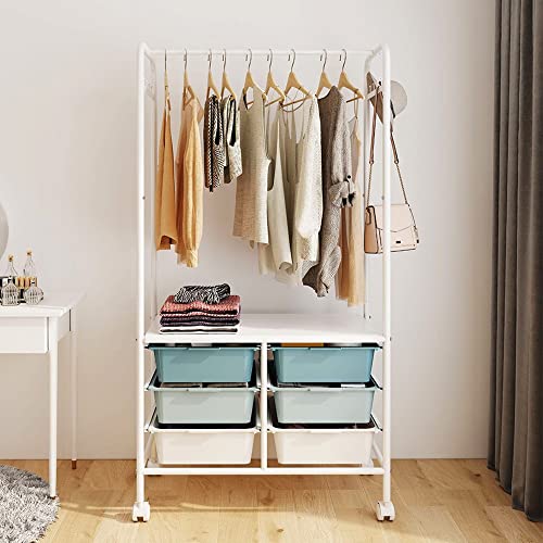 Rail de rails de vêtements Rail de vêtements robuste, rail de rail à vêtements sur roues avec 8 crochets de manteaux et étagère de rangement à 4 niveaux, ajoute un placard instantané Spacev, pour les