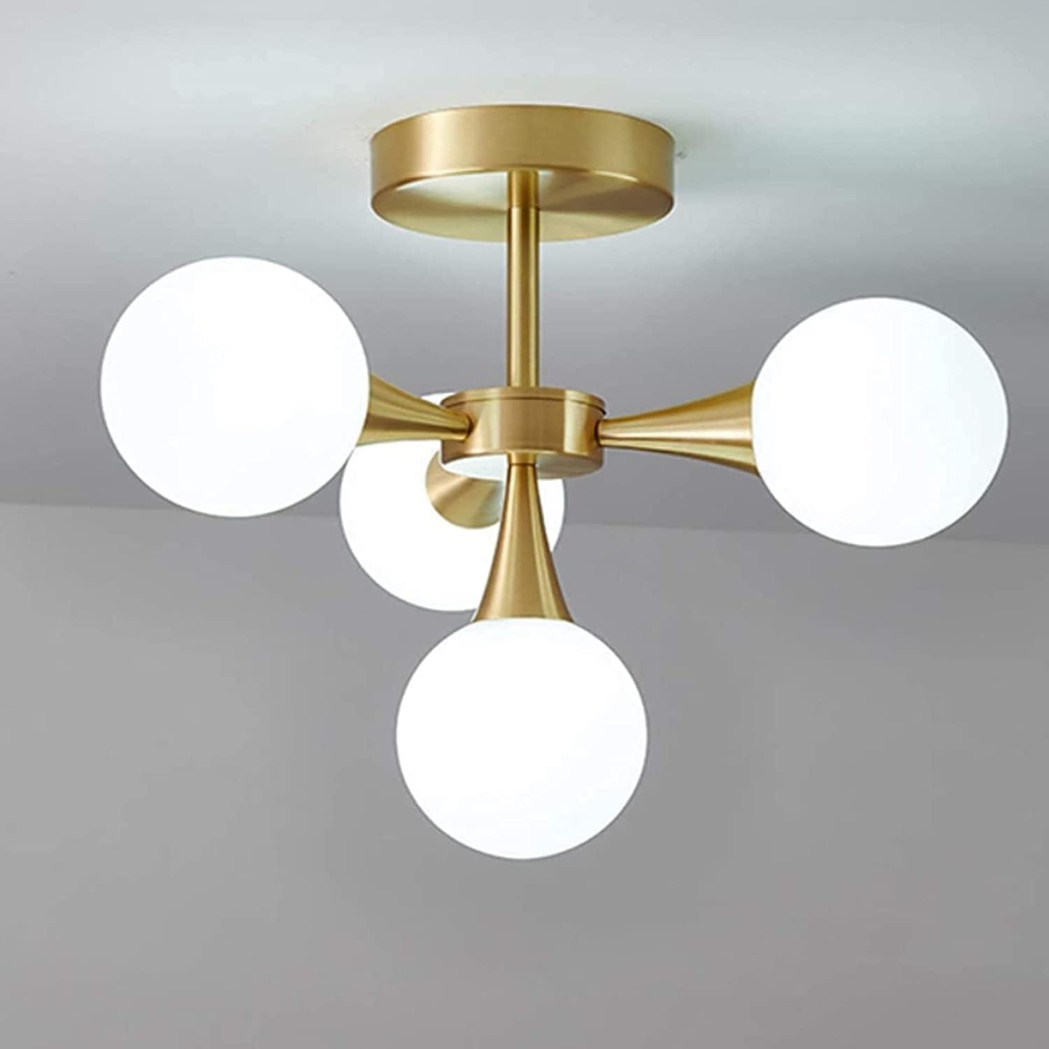 BLOOHK Mid-Century Gold Semi-Flush Mount Ceiling Light, Antique Brass Glass Globe Sputnik Chandelier, Modern Molecular Light Fixture for Hallway & Bedroom
