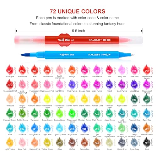 KALOUR 72 Art Markers Pens Set, Dual Tip Brush and Fine Point, Color Number and Name, Zipper Case, Adult Coloring, Lettering, Drawing - Thumbnail 3