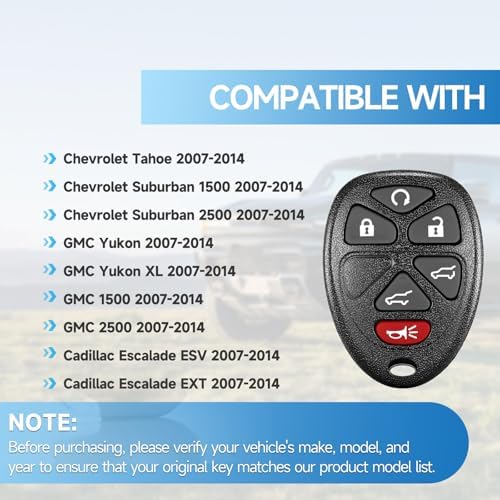 2PCS Key Fob Replacement Fits for Chevy Tahoe Suburban 1500 2500 2007-2014 Traverse 2012-2017 GMC Yukon XL 1500 2500 2007-2014 Cadillac Escalade ESV EXT 2007-2014 Remote 22951510 15913427 22951510 — 사진 3