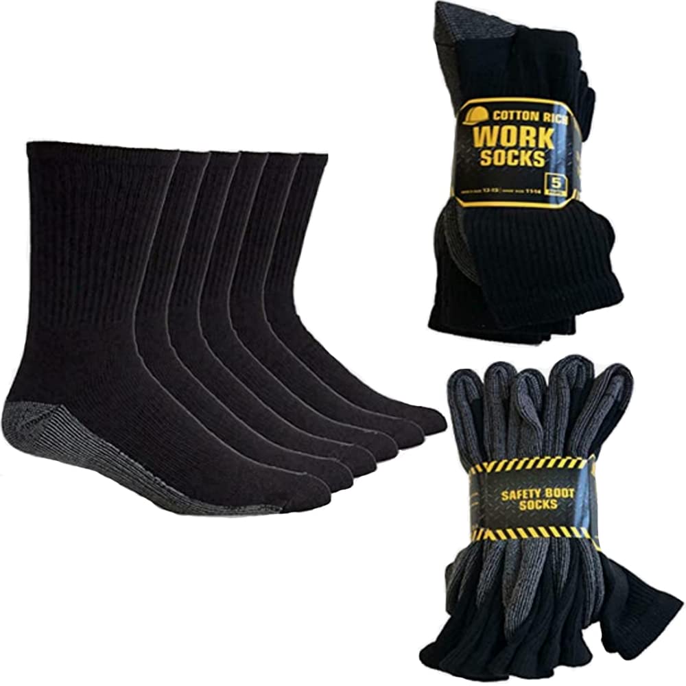 ARI TradersWORK SOCKS Men's Size 6-12 Thick Breathable Socks Heavy Duty Reinforced Heel For Steel Toe Boots-(5 Pair Black)