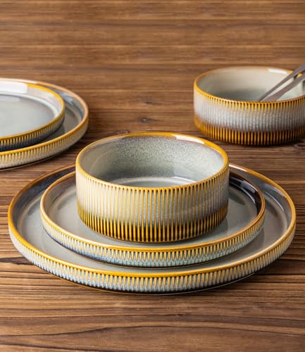 Image of TheTerra Ceramic Dinnerware Sets for 4, 12 Pieces Porcelain Lightweight Plates and Bowls Sets, Scratch Resistant Dish Set, Oven & Microwave & Dishwasher Safe, Dusk Blue