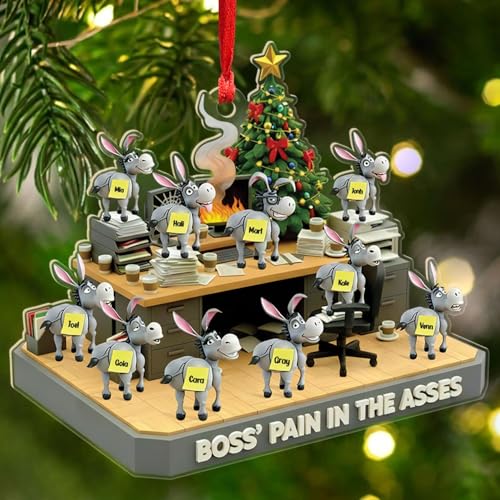 Best Boss Acrylic Ornament 2025, Personalized Funny Office Christmas Ornament Gift for Boss, Boss' Pain in The Asses 2D Flat Shaped Ornaments, Donkey Office Team Decoration with Custom 10 Names