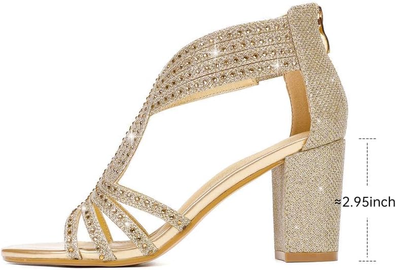 Women's Rhinestone Sparkly Chunky Block Heel Sandals Open Toe Dressy Shoes with Zipper Closure for Wedding Prom Homecoming Hoco Formal Events - Image 6