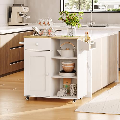 HOOBRO-Kitchen-Island-Storage-Cabinet-with-Drawer-Kitchen-Cart-with-Spice-and-Towel-Rack-Saving-Space-Easy-Assembly-for-Living-Room-White-and-Natural-WN12ZD01 HOOBRO Kitchen Island Storage Cabinet with Drawer Kitchen Cart with Spice and Towel Rack Saving Space Easy Assembly for Living Room White and Natural WN12ZD01