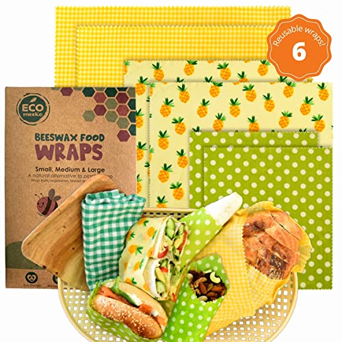 Eco Meeko Sustainable Beeswax Wraps For Food | Assorted Set of 6 | 3 Sizes 2L,2M,2S | Eco Friendly & Reusable Food Wraps | Zero Waste Bees Wrap Reusable Food Wrap | Cling Wrap Alternative