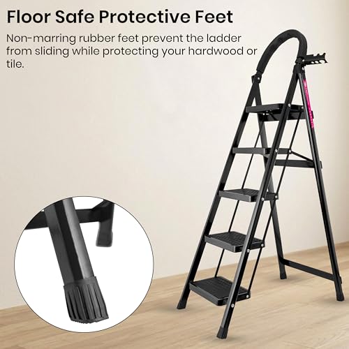 Image of Casa Copenhagen Black 5 Step Ladder for Home Use with Built-in Tool Tray | Heavy Duty D Shape Rods | Ultra Large Platform | Wide Rubber Feet | 150Kg Capacity Foldable Ladder - 7 Years Warranty