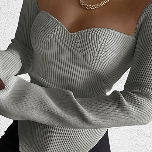 Image of Women's Square Neck Ribbed Knitted Sweater Long Sleeve Crop Slim Fitted Basic Pullover Tops
