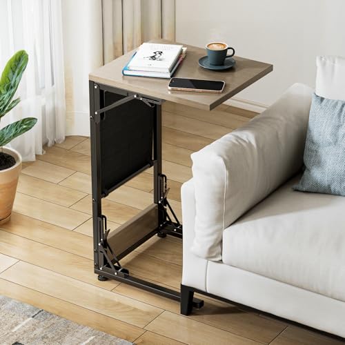 Image of Folding TV Tray Table, Small Folding Side Table with Storage Bag, Portable C Shaped End Table for Couch Sofa Bed, Oak Gray