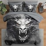 Pamnest Comforter Set Full Size, Dragon Gray 7 Pcs Bedding for Kids and Adults, Dark Black Gray Bed Sheet Sets with Fitted Sheet 2 Pillowcases & 2 Shams for Bedroom Bed Decor