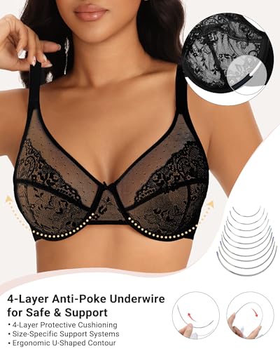 As Fairy 1mm Thin Lace Minimizer Bras for Women Full Coverage Lace Underwire Unlined Supportive Bra for Large Bust(Black 38D) — view 3