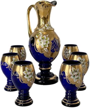 Bohemian Crystal Hand Made High Enameled Painted Water/Beer Set Color 7 pcs - Blue