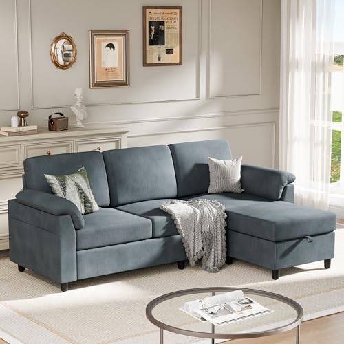 Meilocar Sectional Couches for Living Room, L Shaped Couch with Side Storage Pockage, Comfortable 3 Seat Sofa Couches for Apartment, Grey