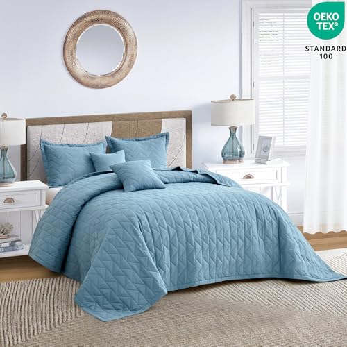 Image of Oversized King Bedspread 128x120 Extra Wide, Geometric Diamond Stitched Quilt Set King /Cal King, Lightweight Reversible Coverlet, Straight Edge - Fresh Modern Look, 5 Piece, Ashley Blue
