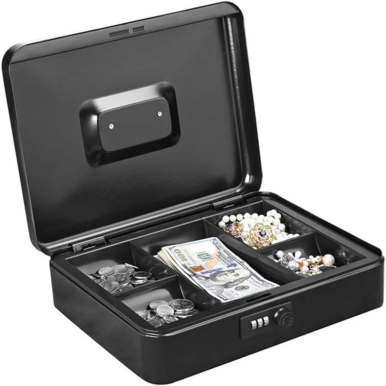 Cash Box with 5 Money Tray and Combination Lock, Black-Security Lock Box with Carrying Handle