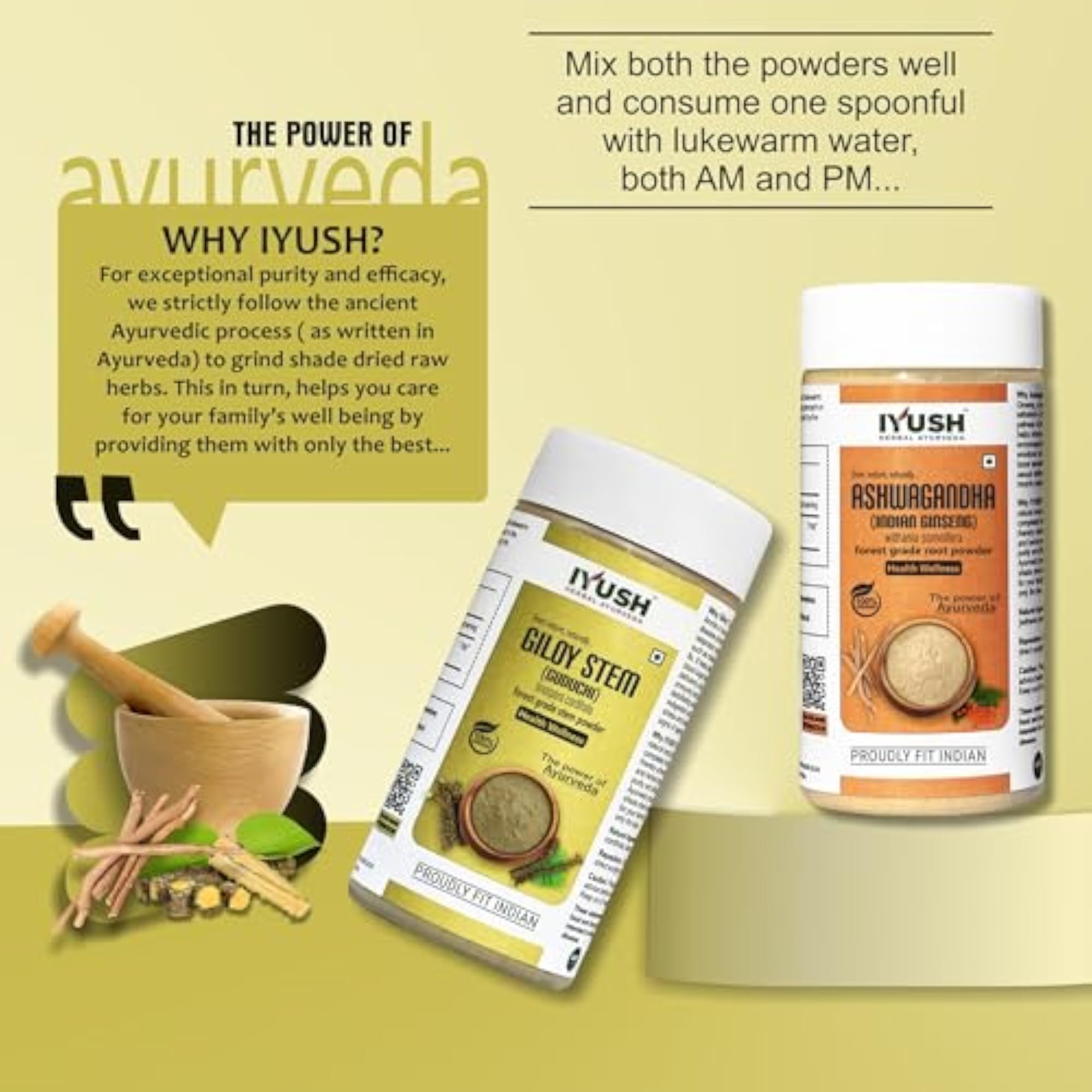 IYUSH Herbal Ayurveda Giloy Stem and Ashwagandha Root Powder, 100g Each