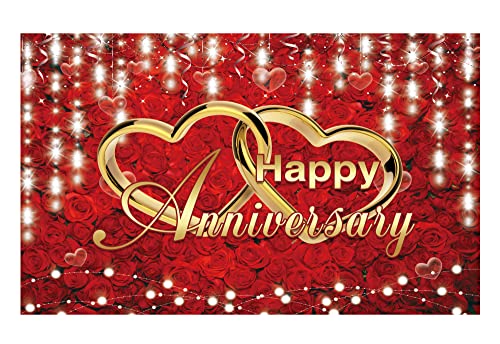 Funnytree Happy Wedding Anniversary Party Backdrop Banner Red Gold Flowers Roses Photo Booth Banner Supplies Photography