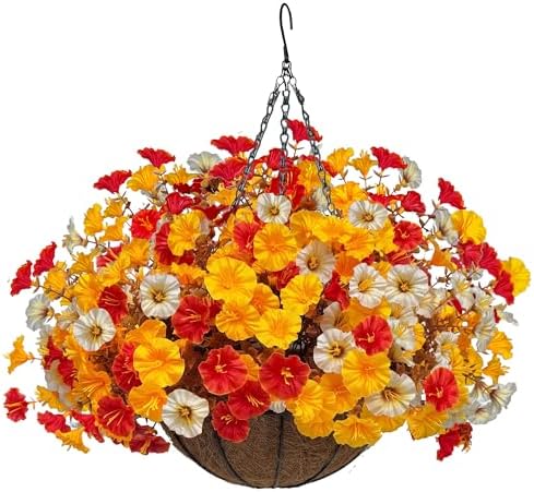 Artificial Fall Flowers with Hanging Baskets Outdoors, Faux mums for Outdoor planters, Fake Mums Petunia Artificial Hanging Plants UV Resistant for Autumn Porch Garden Home Yard Decor (Early Harvest)