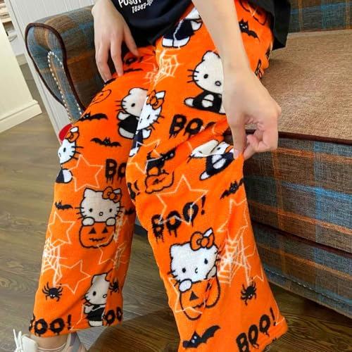 Pijama de desenho animado de pelúcia calça feminina fofa estampa de gato pijama de flanela Halloween
