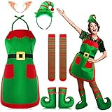 Elf Costume for Women Christmas Elf Costume Set Santas Helper Costume Elf Hat Shoes Covers Socks Felt Striped Stockings Elf Ears Set Costume Accessories for Christmas Party Role Play