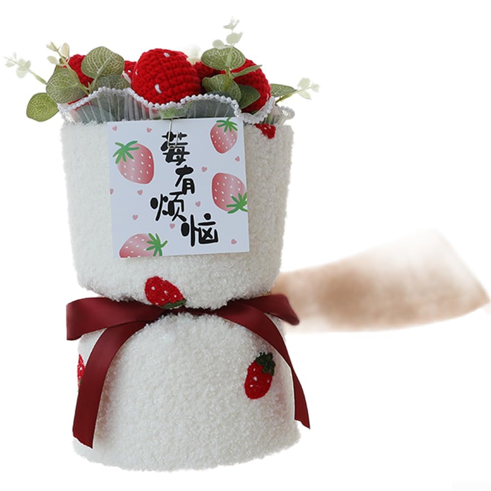 TVANTRUXIS Hand Woven Artificial Flowers, Crochet Fruit Bouquet Multicolor 35x25 cm 6 pcs with Light and Card(6 Strawberry Plants)
