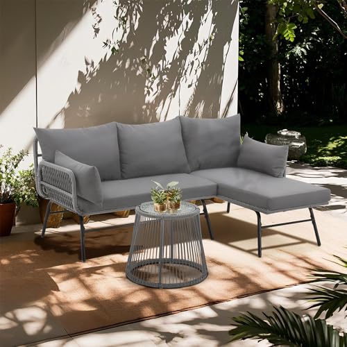 Bezseller 3-Piece Outdoor Patio Furniture Set – L-Shaped Rattan Sectional