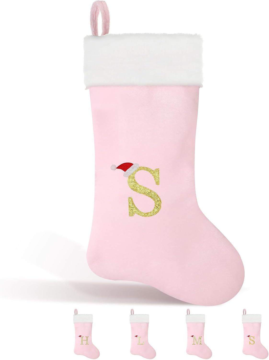22 Inches Christmas Stocking with Initials Monogram Christmas Stocking Velvet with White Soft Plush Cuff Embroidered for Xmas Tree Fireplace Decorations Holiday (S Letter,Pink)