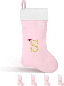 22 Inches Christmas Stocking with Initials Monogram Christmas Stocking Velvet with White Soft Plush Cuff Embroidered for Xmas Tree Fireplace Decorations Holiday S Letter,Pink