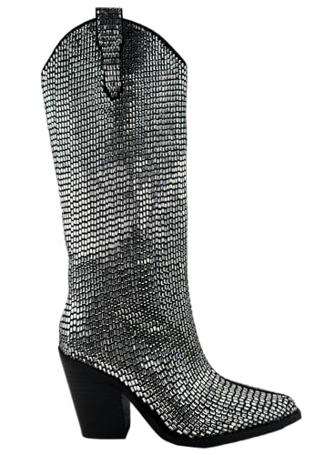 ARIDER GIRL Straddle Women's Crystal Rhinestone Embellished Knee High Leather Stacked Heel Pointed Toe Western Fashion Boots4