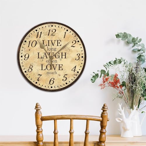 Wall Clock - 15x15 Non-ticking Wall Clock - Live Laugh Love Retro Quartz Round Wall Clocks - Novelty Retro Style Decorative PVC Clock for Kitchen, Bathroom, Farmhouse, Men Cave, Outdoor