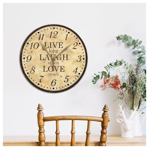 Wall Clock - 15x15 Non-ticking Wall Clock - Live Laugh Love Retro Quartz Round Wall Clocks - Novelty Retro Style Decorative PVC Clock for Kitchen, Bathroom, Farmhouse, Men Cave, Outdoor