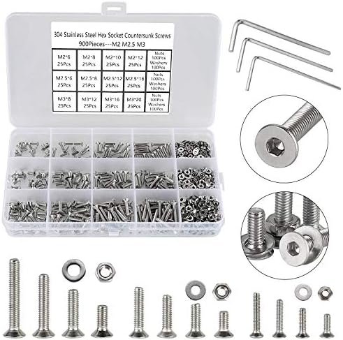 900Pcs Bolts and Nuts Set,M2 M2.5 M3 Countersunk Machine Screws,DIN 7991 Allen Screws,304 Stainless Steel Hex Bolts and Washers Set Fully Threaded With 3 Allen Key.